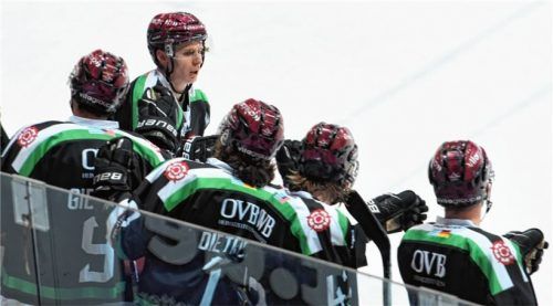 Wieder ein Tor durch Bobby Slavicek, der mit den Mitspielern nach dem 2:2 gegen Weiden abklatscht. Slavicek erzielte in drei Spielen sieben Punkte. Foto  Hans-Jürgen Ziegler