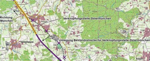 Der Verlauf des Brenner-Nordzulaufs in der Gemeinde Tuntenhausen: Die Trasse führt auf einer Länge von etwa sechs Kilometern von Aubenhausen über Brettschleipfen, Berg, Stetten und Ostermünchen bis nach Weiching. Fotos  Bahn AG