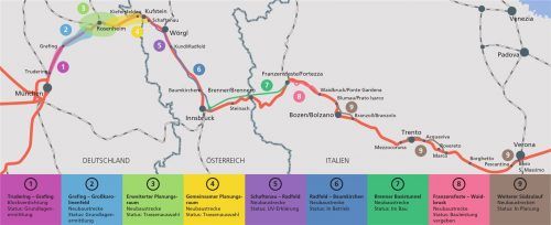 Ein Abschnitt in einem Abschnitt: Die violette Trasse des Brenner-Nordzulaufs ist Teil eines europäischen Projekts. Hier ein Gesamtüberblick von München bis Verona. Klinger
