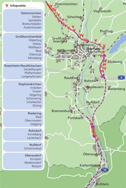 Protest-Trasse: Die roten Pfeile zeigen, wo „Infopunkte“, also die Anlaufstellen für die Protestierenden in den jeweiligen Gemeinden, sind.  Klinger