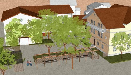 So könnte der neue Schulhof in Frasdorf aussehen mit der alten Schule (rechts) und der neuen Schule (links). Landschaftsarchitekturbüro studio B München