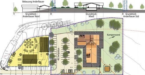Sonderbaugebiet „Frasdorfer Anger“: Auf der grün unterlegten Fläche rechts will die Bad Endorfer Bäckerei Miedl ein Café mit Bäckerei und Konditorei errichten. Links davon (gelbe Fläche) soll der Regionalmarkt des Anderlbauern entstehen. Schleburg Generalplanung/Klinger
