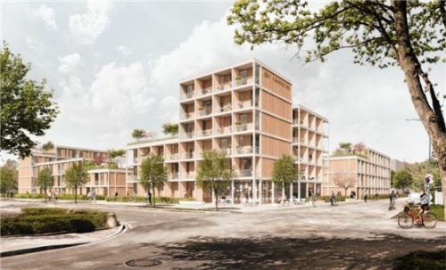 Studenten-Quartiere aus Holz: Die ersten der 211 Wohnungen sollen zum Wintersemester fertig sein. Foto PONNIE Images, Aachen; Architektur: ACMS Architekten, Wuppertal