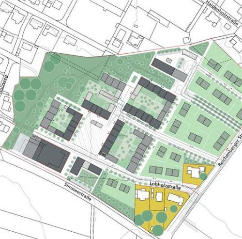 Haidholzen Südost im ersten Vorentwurf: Eine kleinteilige Bebauung an der Reichenberger Straße schließt sich an den Bestand (gelb hinterlegt) an. Nonconform/Klinger