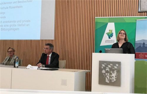 Katrin Röber (rechts), Projektleiterin für die „Bildungsregion Rosenheim“, spricht auf dem ersten Dialogforum zum Auftakt des Projektes im Landratsamt. An der Veranstaltung haben auch Landrat Otto Lederer und Oberbayerns Regierungspräsidentin Maria Els teilgenommen. Foto Schöne