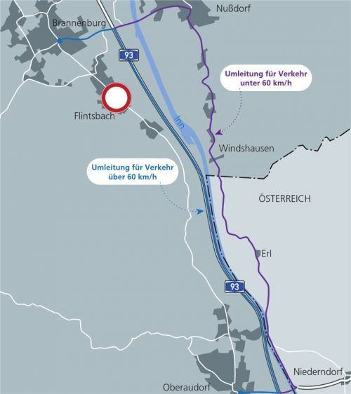 Traktoren, Mopeds, Mini-Autos und alle anderen Verkehrsteilnehmer, die weniger als 60 Kilometer in der Stunde fahren, werden bis 18. Juli von Flintsbach über Nußdorf und Tirol nach Oberaudorf umgeleitet. Wer schneller ist, fährt über die A93. Klinger