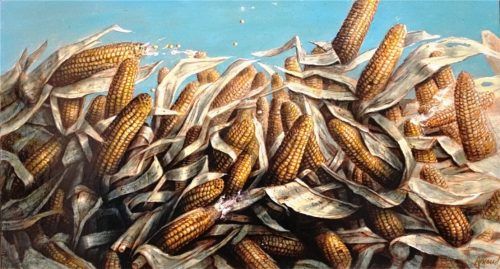 Walter Angerers frühes Ölbild „Schlacht der Maiskolben“ ist in der Ausstellung zum 80. Geburtstag des Künstlers im Kultur- und Bildungszentrum Kloster Seeon zu sehen. Fotos Giesen