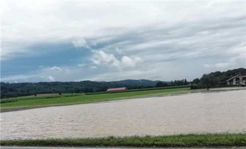 Aus Wiese wird Teich: Zwei Tage nach dem Unwetter stehen die Felder in Götting teilweise noch unter Wasser.Foto  Sautter