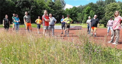 Für Thomas Fichter (Dritter von rechts) ist die Flächennutzung für das Mähkonzept zentral. Auch auf dem Sportplatz gibt es Bereiche, die nicht von Sportlern genutzt werden und die durch Mähzeitpunkt und Mähhäufigkeit zur Blühfläche werden.Fotos prankl