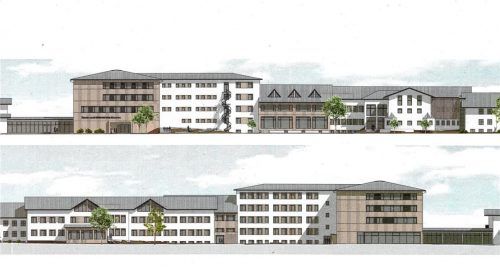 So soll die Schule 2024 nach den Planvorlagen des Planungsbüros Strasser aussehen. Die obere Darstellung zeigt die Schule vom Birkenweg aus und die untere von der Marktstraße aus. Planungsbüro Strasser