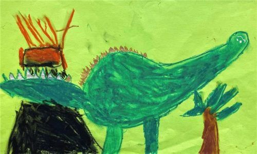 Vitus Gürtler (5) aus Vagen hat seinen Dino vor einem Vulkan gemalt. Dieses Motiv war bei den Teilnehmern sehr beliebt.