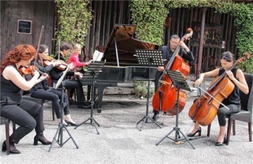 Ein musikalischer Hochgenuss: Natia Chilashvili (Violine), Ketevan Kvitsinadze (Viola), Elene Jimshitashvili (Cello), Arman Nazarov (Kontrabass) und Iris Schmid-Linnemann (Piano). Foto Benekam