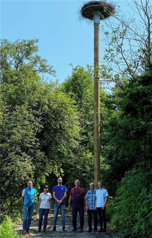Freuen sich über die neue Nisthilfe für Weißstörche: (von links) Stefan Schmidt vom städtischen Umweltamt, Naturschutzwächterin Katharina Schlegl-Kofler sowie die Vertreter der unterstützenden Unternehmen Lucas Radisch von Beton Bernrieder, Stephan Pross von Metallbau Pross sowie Martin Mayer senior und Thomas Mayer junior von Eisen Mayer.Foto  Dangl