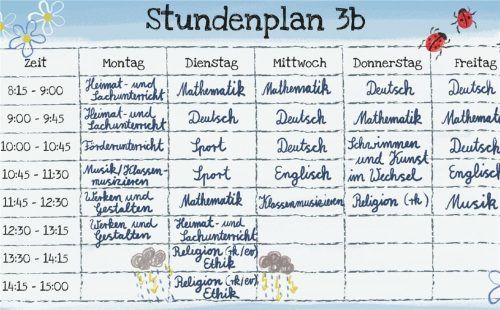 So sah der Stundenplan der 3b zu Beginn des Schuljahres aus. Jetzt wurde er umgestellt. Die Klasse hat nun eine Stunde weniger Religionsunterricht. Klinger