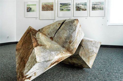 Aus gekalktem Holz ist die Skulptur „Pig Hole“ von Peter Rappl. Im Hintergrund zu sehen sind Bilder von Maximilian Schmetterer.Foto  Berger