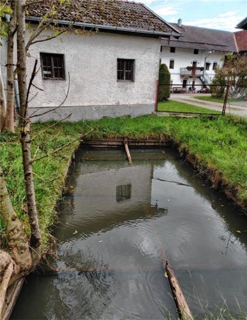 Der Löschweiher in Aufham befindet sich vor dem Feuerwehrhaus. Foto Kirchner