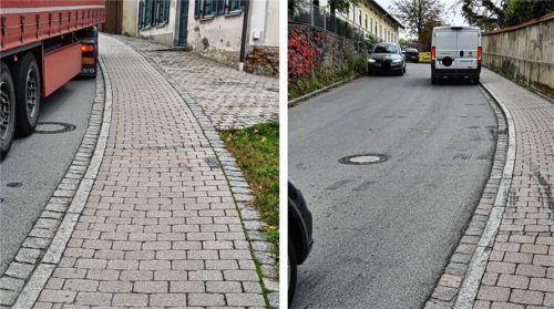 Ausweichspuren auf dem Bürgersteig: Die Rosenheimer Straße in Rott ist die einzige Verbindungsstraße für Lkw auf weiterführende Straßen wie die Bundesstraße B15. Des Öfteren muss der Schwerlastverkehr auf den Gehweg ausweichen, damit der Begegnungsverkehr passieren kann.Fotos privat