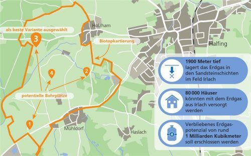 Die Firma Wintershall Dea plant, im Gemeindebereich Halfing Erdgas zu fördern. Das Vorhaben befindet sich derzeit im Genehmigungsverfahren. Klinger