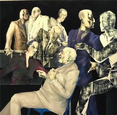 Herbert Klee: Anhörung II, Holzschnitt/Öl auf Leinwand. Einige der männlichen Gestalten sind gemalt, andere sind mit dem Druckstock auf die Leinwand aufgebracht.

Foto Bößwetter