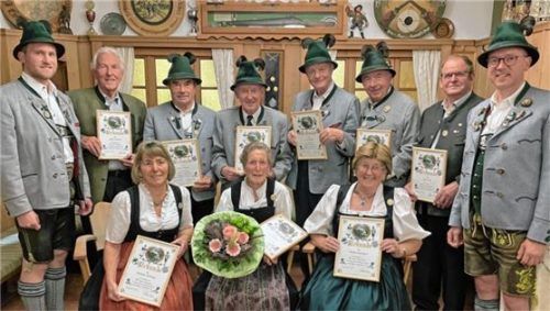 Sie halten den 137-jährigen Verein am Leben: (sitzend von links) Elisabeth Pfaffinger, Hilde Gunkel und Monika Genzinger sowie (stehend von links) Zweiter Vorsitzender Michael Stein, Alfred Leimböck, Georg Schuster, Ehrenvorsitzender Georg Pfaffinger, Karl Sollinger, Franz Kiesmüller, Peter Pertl und Vorsitzender Claus Reiter.Foto Rehberg