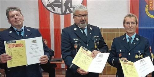 Ehrung für 40 Jahre aktiven Dienst: Stolz präsentieren Georg Laböck, Mario Kögl und Wolfgang Rolla ihre Auszeichnungen für ihre langjährige Tätigkeit. Fotos Ammelburger