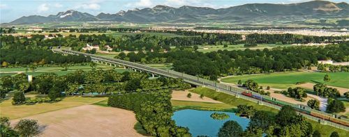 Erst nach dem Inn im Tunnel: Der Abschnitt zwischen Langenpfunzen und Stephanskirchen ist besonders umstritten. Am Hochufer des Inns sind in der Animation die beiden Tunnelröhren zu sehen. Rechts daneben das Gillitzer-Schlössl. Bahn