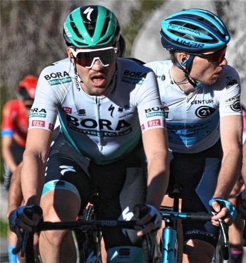 In diesem Jahr Teamkollegen: Maximilian Schachmann (links) vom Team Bora-hansgrohe und Aleksandr Vlasov aus Russland, in der vorigen Saison beim Team Astana-Premier Tech. Foto dpa/Anne-Christine Poujoulat