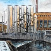 <p>„Stadtwerke“ – Realistische Gouachen von Gerhard Prokop bereichern die Ausstellung.</p>