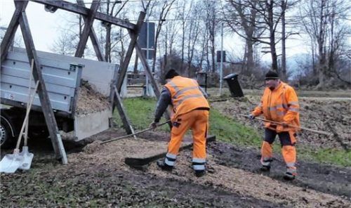 Verteilen Rindenmulch im Conradtypark: Stadtgärtner Alois Harraßer (links) und Michael Schmid.