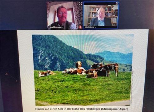 Coronabedingt fand die Kreisversammlung digital statt, hier mit BBV-Obmann Josef Bodmaier (links) und Referent Udo Pollmer auf einem Bildschirm. Foto Hötzelsperger