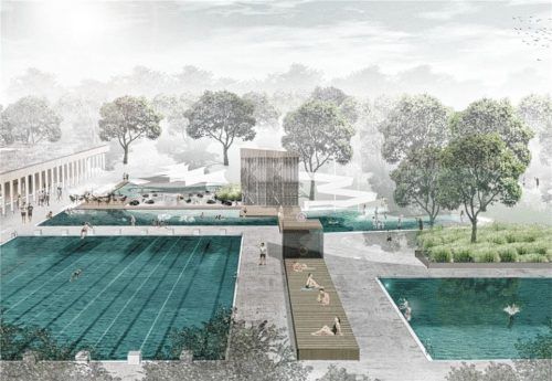 Den Siegerentwurf für das neue Bad gestaltete das Regensburger Architekturbüro Dienzinger in Zusammenarbeit mit Adlerolesch Landschaftsarchitekten. Foto Diezinger Architekten, adlerolesch Landschaftsarchitekten