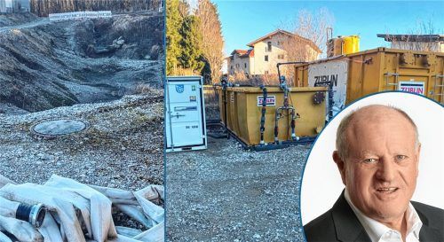 Noch Jahrzehnte lang muss die Gemeinde Eggstätt das Grundwasser aufwendig beproben und mit Aktivkohle (in den Silos im Bildhintergrund) reinigen, auch das zuerst verseuchte Rückhaltebecken muss teuer grundsaniert werden. Bürgermeister Christian Glas hofft, dass die Gemeinde irgendwann finanzielle Unterstützung bekommt. Fotos re