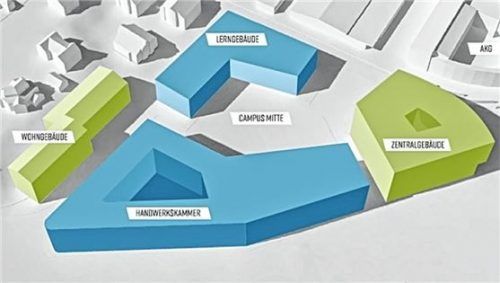 So soll das Gelände am Bahnhof bebaut werden. Oben im Bild befindet sich das Lerngebäude, in dem die TH Rosenheim untergebracht sein wird. Grafik: Bauamt Traunstein