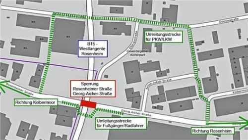 Teilsperrungen: Die ausgeschilderte Umleitungsstrecke. Bayerische Vermessungsverwaltung/ Staatl. Bauamt Rosenheim