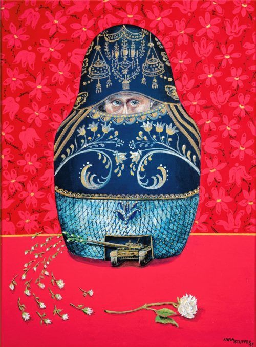 Anna Stuffer vom Samerberg ist bekannt für die lieblichen Bilder des alljährlich erscheinenden Engal-Kalenders. Russland interessiert sie schon seit ihrer Jugend, wie sie schreibt. Aus dem Ei schaut „Zar Putin“ raus, und unten schickt er Panzer ins Land. Die weißen Rosen stehen für Tod, manchmal aber auch für Neubeginn. re