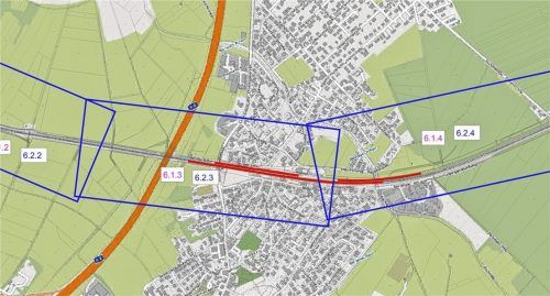 Der Übersichtsplan der Deutschen Bahn von der gesamten Maßnahme. Die roten Linien kennzeichnen die Lärmschutzwände. Sie sind ein freiwilliges Angebot, die Gemeinde Bernau kann zustimmen oder ablehnen. Bahn AG