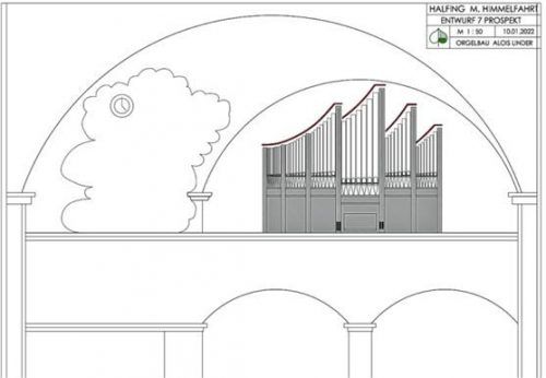 Die Grafik zeigt den modifizierten Entwurf der Halfinger Orgel. Der Orgelbauer Alois Lindner aus Nußdorf gibt an, dass die Arbeiten bereits begonnen haben und zügig voranschreiten. Orgelbau Lindner