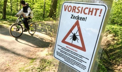 Ein Schild warnt in einem Waldstück vor Zecken. Foto dpa