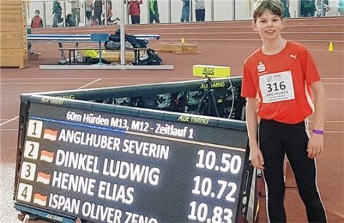 Severin Anglhuber vom TSV Wasserburg holte vier Siege über 60 Meter Hürden, 60 Meter, im Weitsprung und Kugelstoßen der Jugend M12. Foto Ludwig Stuffer
