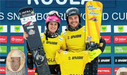 Strahlende Gesichter: Ramona Hofmeister und Stefan Baumeister nach dem Rennen in Rogla. Foto Miha Matavz/FIS