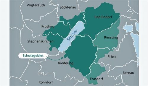 Das Simssee-Schutzgebiet (türkis) wird um Teile der Gemeinden Frasdorf, Rimsting und Prien (helltürkis) vergrößert. Klinger