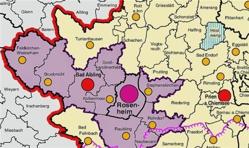 Der Raum Rosenheim (lila hinterlegt) ist neben Freilassing/Bad Reichenhall als Verdichtungsraum im Regionalplan vorgesehen. Alle anderen Gebiete in den Landkreisen Rosenheim, Mühldorf, Altötting, Traunstein und Berchtesgadener Land nicht. re