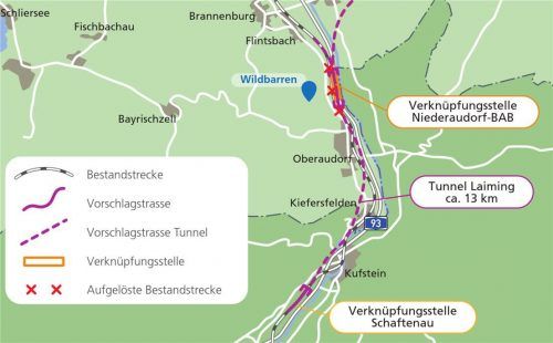 Die Planung der Deutschen Bahn sieht die „Verknüpfungsstelle Niederaudorf-BAB“ auf Höhe von Kirnstein vor. Die Gemeinde Flintsbach fordert nach wie vor eine Verknüpfungsstelle im Wildbarren. Klinger
