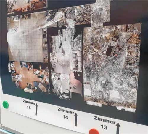 Eine Schautafel aus dem Gerichtssaal: Im Zimmer Nummer 13 ist der Brand ausgebrochen. Von dort haben sich die Flammen im ersten Stock ausgebreitet. Foto Eichstädter