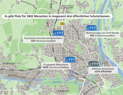 Eine Übersicht über die Schutzraumplätze in der Stadt: Der größte Schutzraum befindet sich im Finanzamt, gefolgt von einer Wohnanlage in der Carl-Orff-Straße und der Technischen Hochschule. Klinger