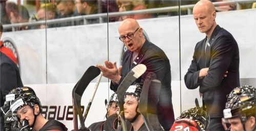 Nürnbergs Cheftrainer Tom Rowe (hinten links, neben DEB-Chefcoach Toni Söderholm) feuert die deutsche Mannschaft an.Foto Hans-Jürgen Ziegler