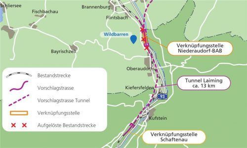 Die Planung der Deutschen Bahn sieht die „Verknüpfungsstelle Niederaudorf-BAB“ auf Höhe von Kirnstein vor. Die Gemeinden Flintsbach und Oberaudorf fordern nach wie vor eine Verknüpfungsstelle im Wildbarren. Klinger
