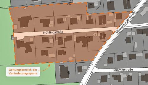 Diese Grundstücke in der Frühlingstraße wurden mit einer Veränderungssperre versehen. Für das Gebiet wird nun ein Bebauungsplan aufgestellt. Klinger