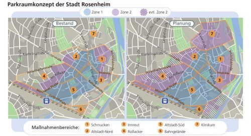 Eine Übersicht über das Parkraumkonzept der Stadt. Im linken Bild ist der aktuelle Zustand zu erkennen, im rechten eine mögliche Erweiterung der Zone 2. Klinger