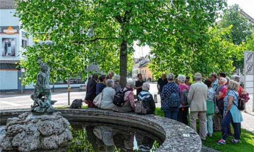 Jürgen Halder vom städtischen Bauamt erklärt, warum am Edmund-Bergmann-Platz heute ein Tulpenbaum steht anstatt wie einst eine Trauerweide. Fotos Thomae